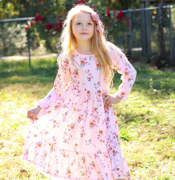 Light Pink Floral Coquette Long-Sleeve Midi Dress