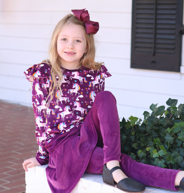 Unicorn Rainbow Velour Sweatshirt & Plum Velour Skirted Leggings