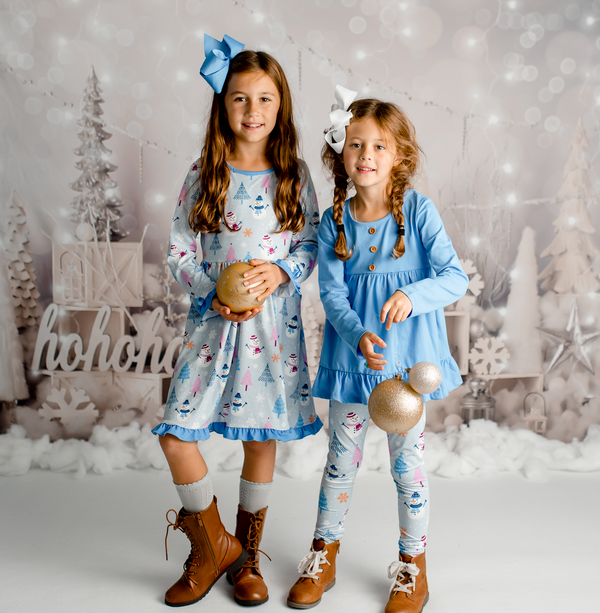 Marina Blue Longsleeve Babydoll Top & Snowmen&Trees Leggings