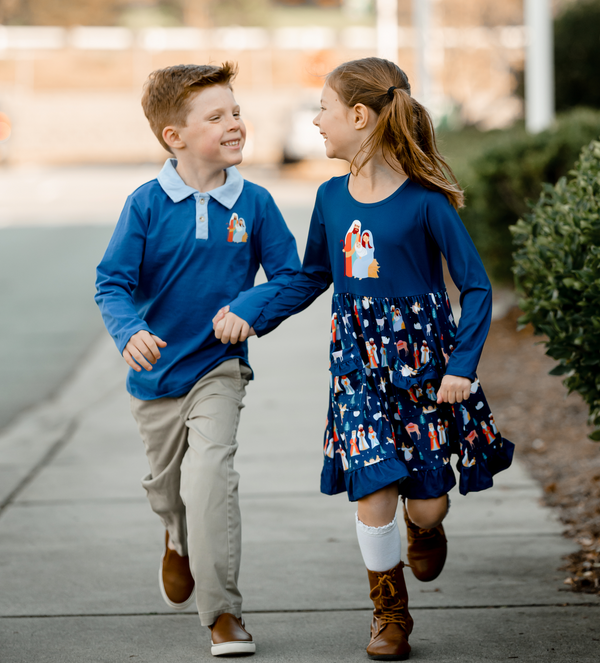 Navy Nativity Long-Sleeve Polo