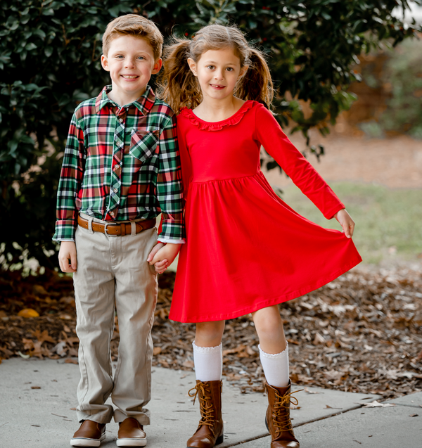 Red & Green Christmas Tartan Long-Sleeve Button-Up