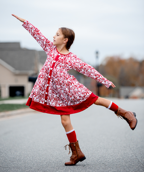 Red Holiday Swirl Button-Front A-Line Dress