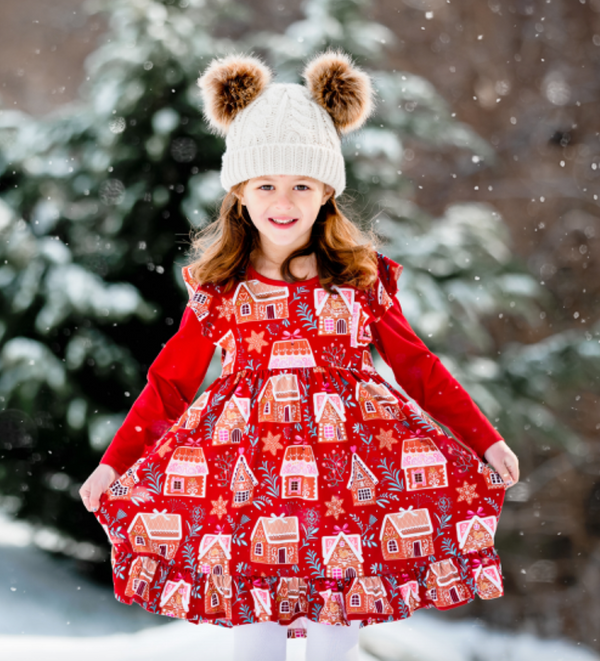 Red Christmas House Angel-Sleeve Dress