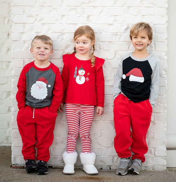 Red Snowman Ruffle Long-Sleeve Hi-Low Top & Stripe Leggings