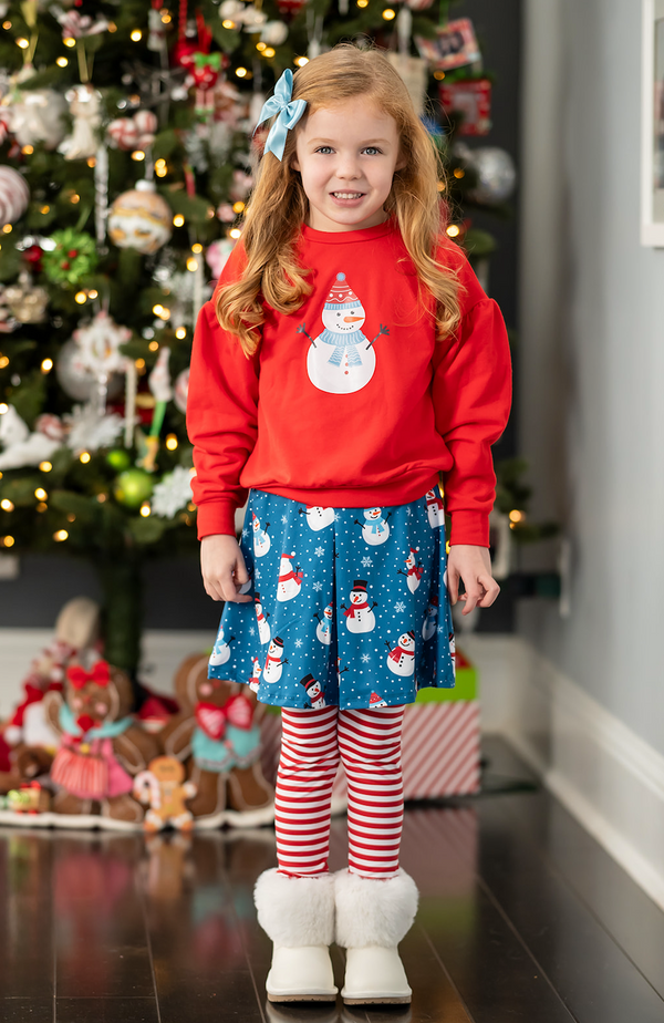 Red Crewneck Sweatshirt & Happy Snowman Skirted Leggings