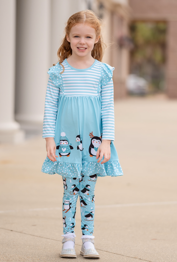 Aqua Penguin Skate Angel-Sleeve Dress & Leggings