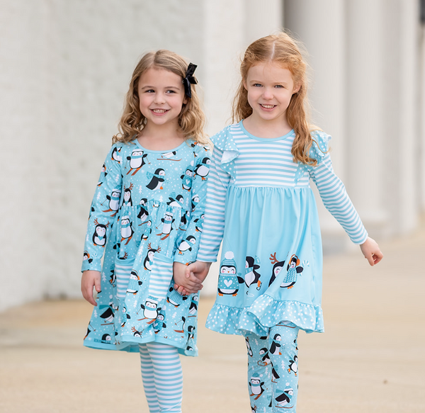 Aqua Penguin Skate Angel-Sleeve Dress & Leggings