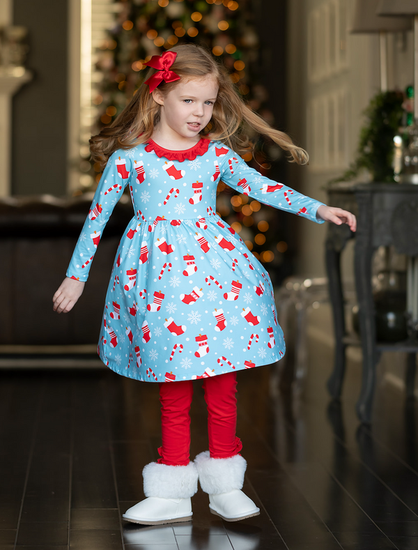 Aqua Christmas Stockings Ruffle-Neck A-Line Dress & Red Button Leggings