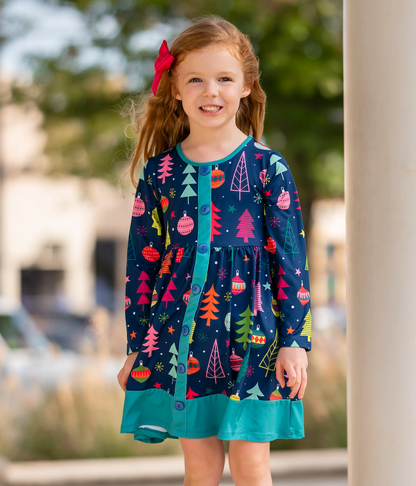 Navy Christmas Tree Forest A-Line Dress