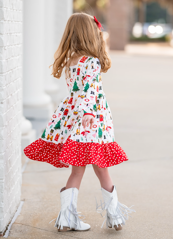 Cream Nutcracker Christmas Square-Neck Button-Front Tiered Dress