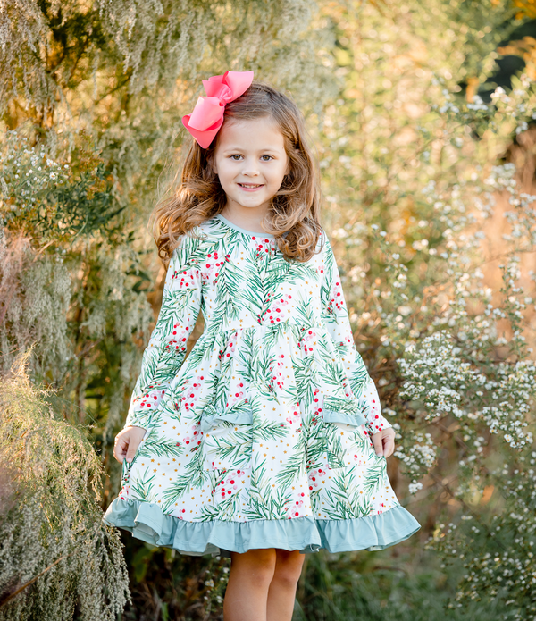 Sage Pine Cones Patch-Pocket Long-Sleeve A-Line Dress