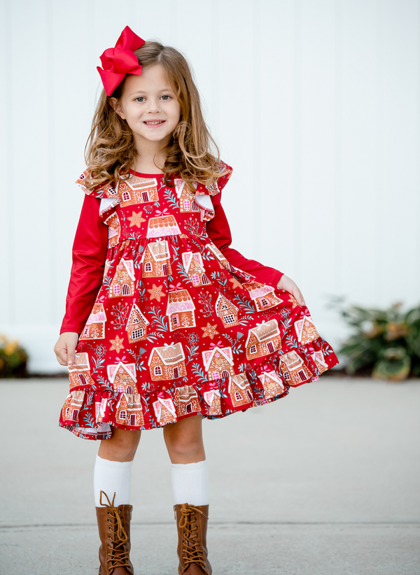 Red Christmas House Angel-Sleeve Dress