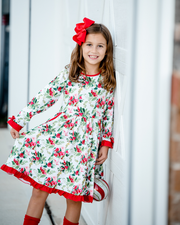 Red Christmas Rose Bow-Accent Pocket A-Line Dress