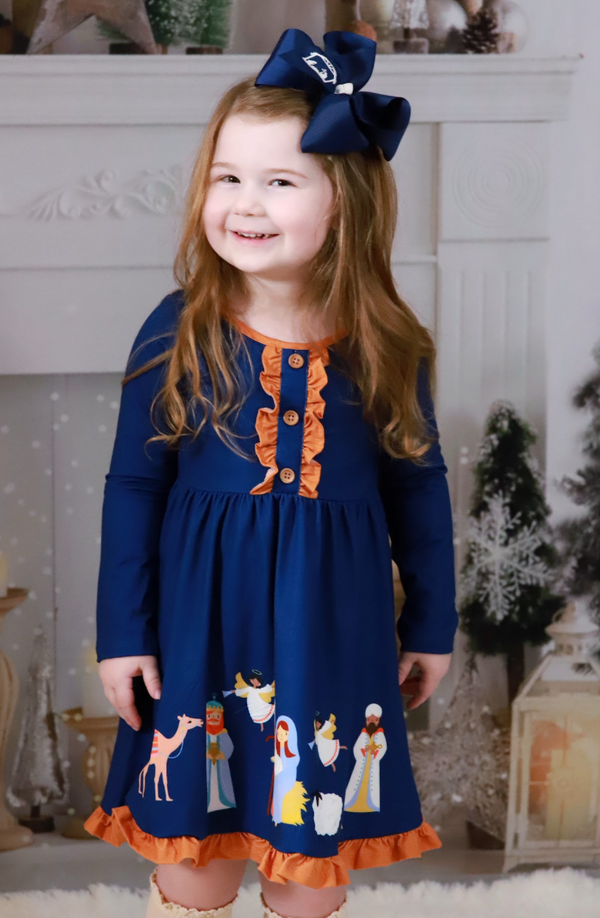 Navy Nativity Border Button-Front Dress