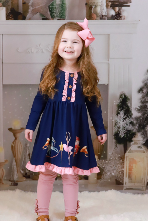 Navy Nutcracker Dreams Button-Front Dress & Dusty Pink Button Leggings