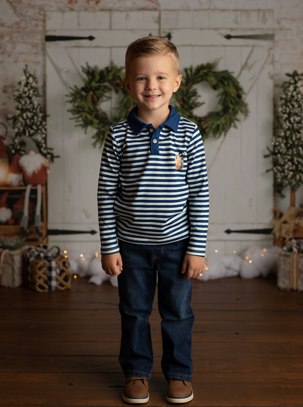 Navy Stripe Nativity Long-Sleeve Polo