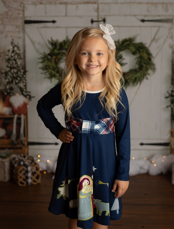 Navy Nativity Border Button-Accent A-Line Dress