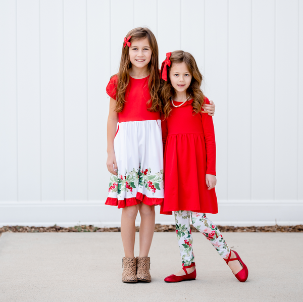 Red Ruffle Long-Sleeve A-Line Dress & Christmas Rose Leggings