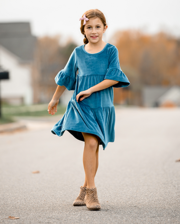 Midnight Velour Trumpet-Sleeve Tiered A-Line Dress