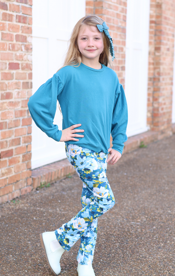 Teal Crewneck Sweatshirt & Floral Flare Leggings