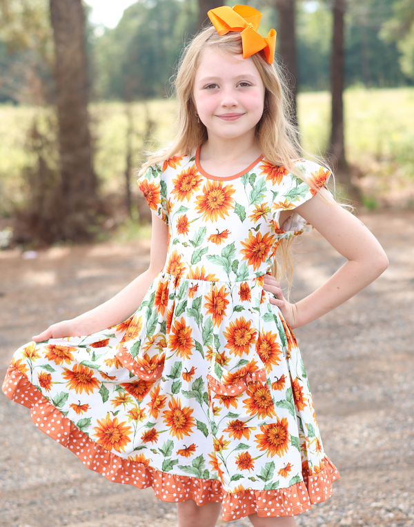 Cream Sunflower Patch-Pocket Dress & Bow Haire Clip