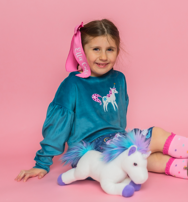 Teal Unicorn Velour Sweatshirt & Unicorn Rainbow Skort