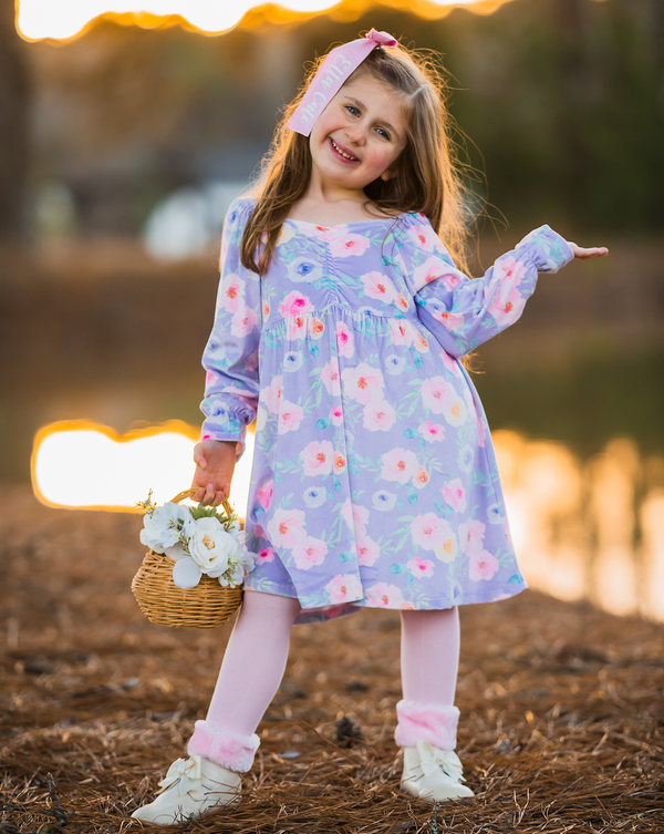 Orchid Petal Rose Velour Poet-Sleeve Dress