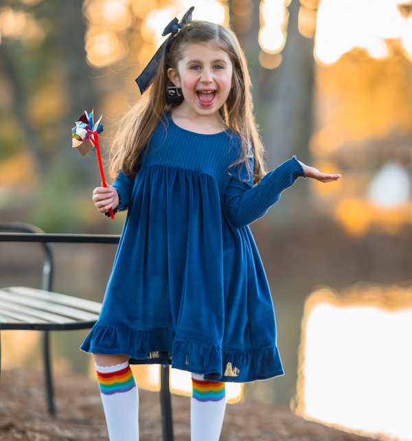 Navy Ribbed Velour Baby-Doll Dress