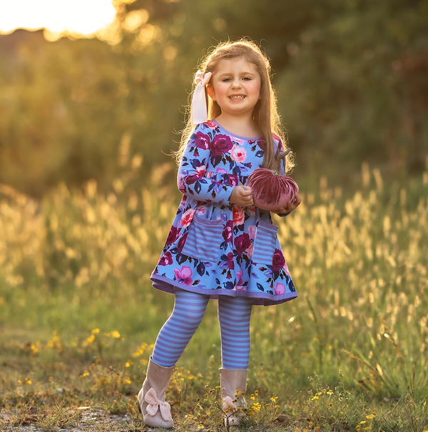 Periwinkle Rose Front-Pocket A-Line Dress & Stripe Leggings