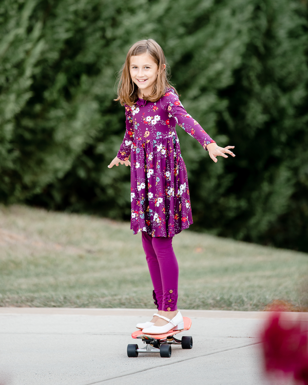 Plum Winter Floral Ruffle-Neck A-Line Dress & Leggings