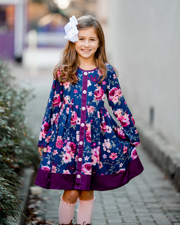 Navy Autumn Floral A-Line Dress