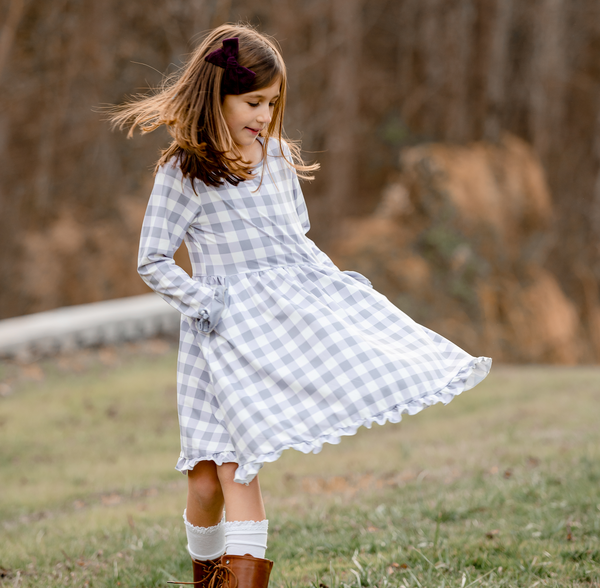 Gray Gingham Bow-Accent Pocket A-Line Dress