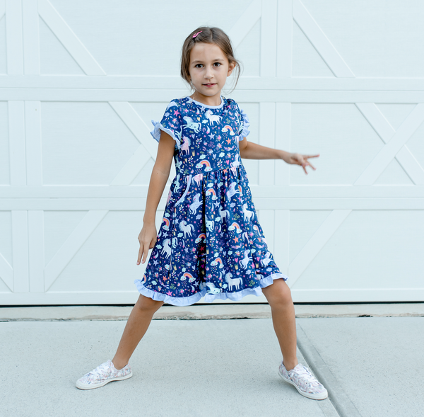 Navy Unicorn Playground Bow-Sleeve A-Line Dress