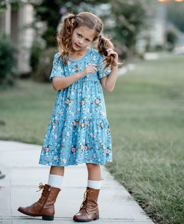 Nile Blue Small Flower Tiered Button-Front Dress