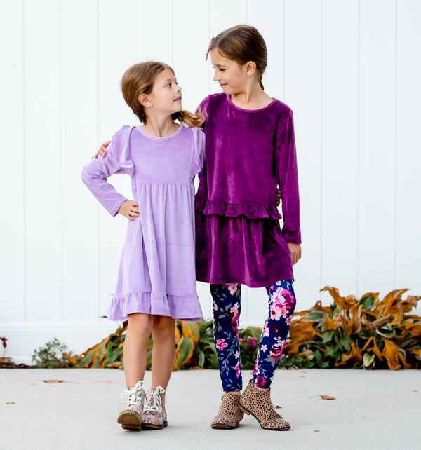 Plum Ribbed Velour Drop-Waist Dress & Willow Floral Leggings