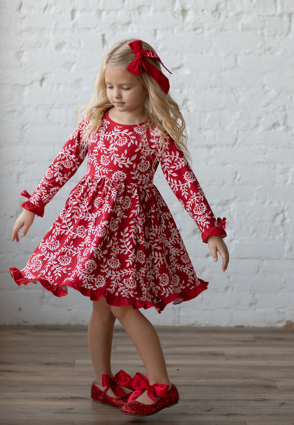 Millie Loves Lily Girls Red Christmas Floral Print Dress