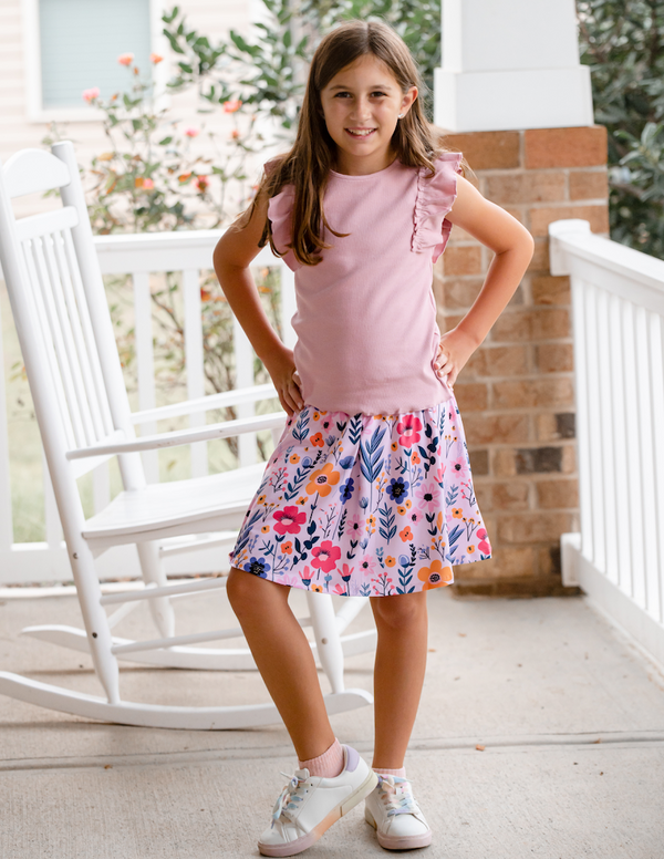 Pink Ribbed Ruffle Sleeveless Top & Floral Skort