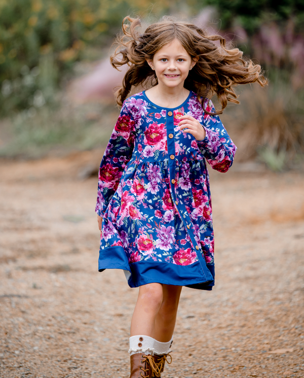 Navy Floral Button-Front A-Line Dress