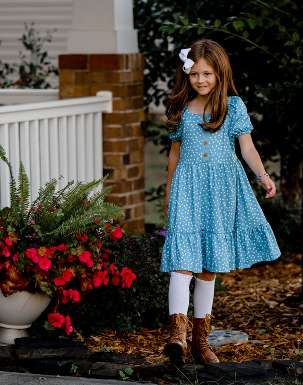 Nile Blue Polka Dot Ruffle-Hem A-Line Dress