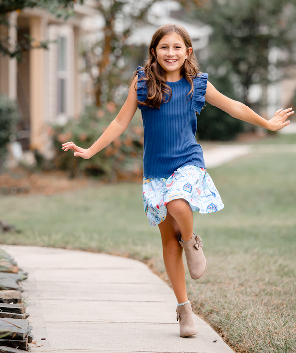 Navy Ribbed Ruffle Sleeveless Top & Science Skort