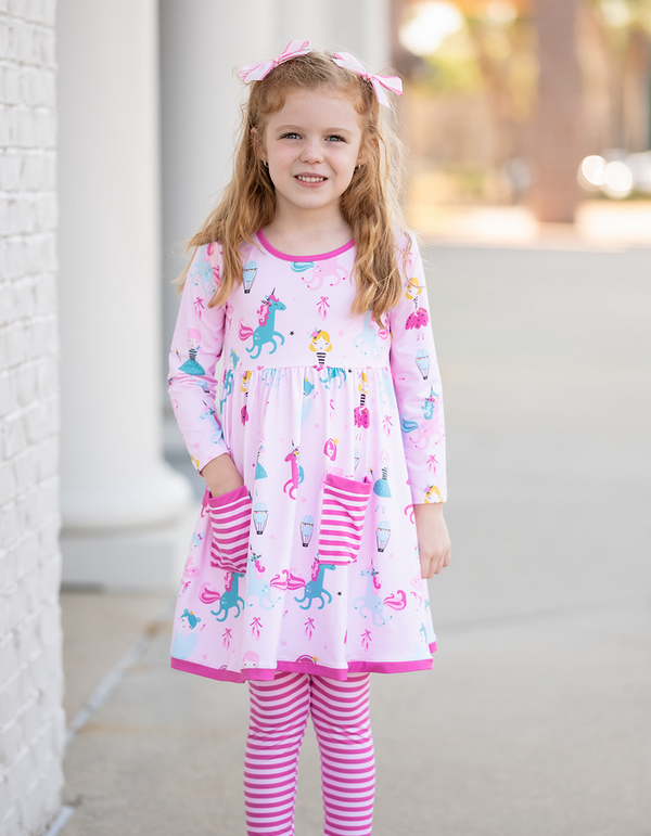 Pale Pink Ballerinas & Unicorns Front-Pocket A-Line Dress & Stripe Leggings