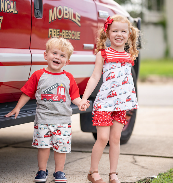 Red Helper Trucks Ruffle Sleeveless Top & Pin Dot Bow Shorts