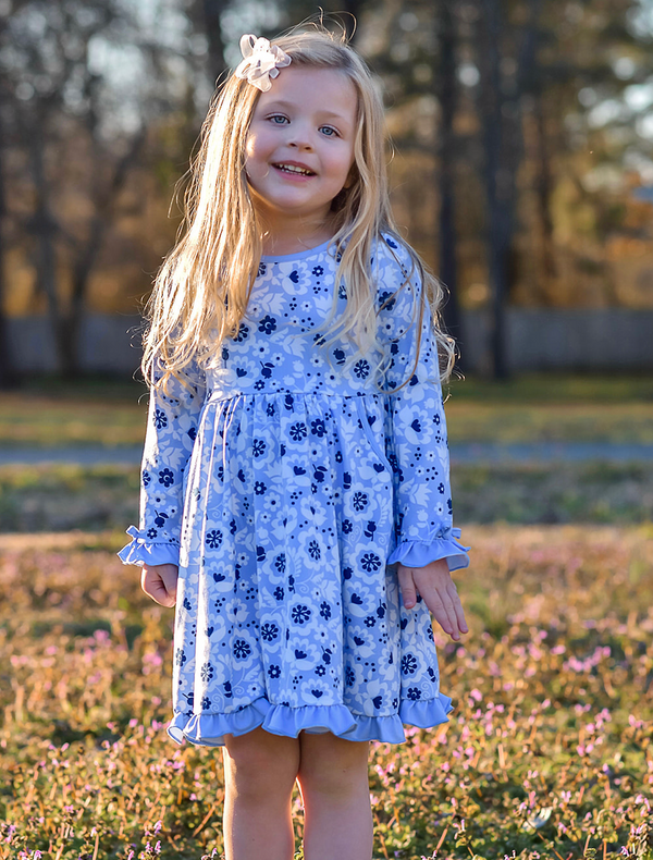 Periwinkle Floral Bow-Accent Pocket A-Line Dress