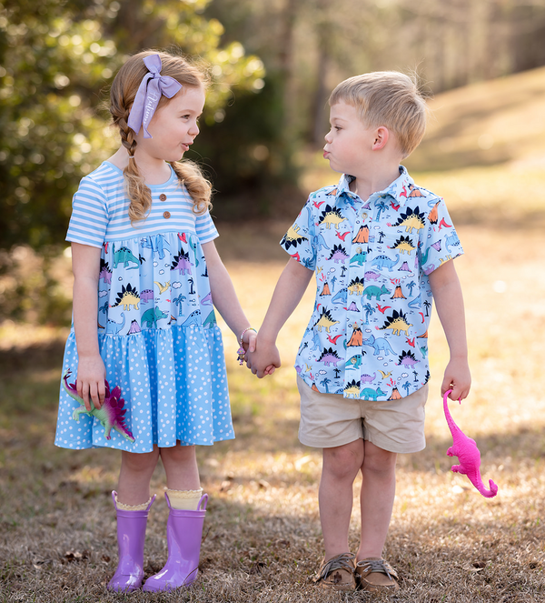 Light Blue Stripe Island Dino Tiered Button-Front Dress