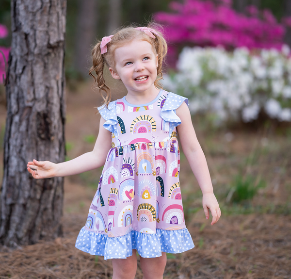 Dusty Pink Rainbow Angel-Sleeve Dress