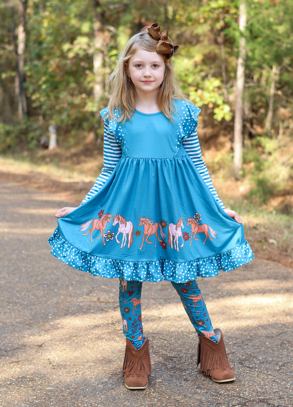 Midnight Boho Horses Angel-Sleeve Dress & Leggings