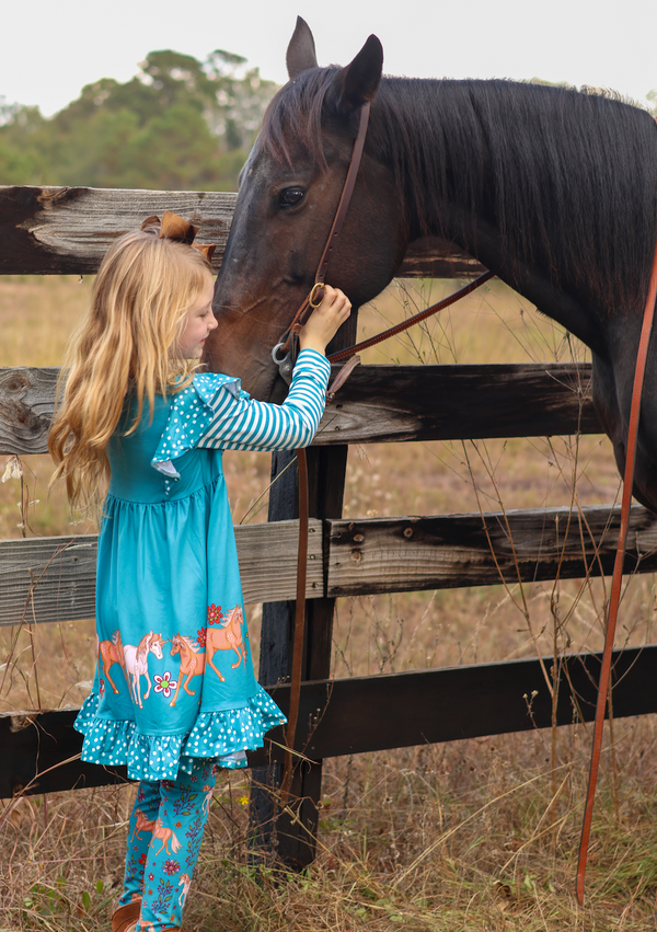 Midnight Boho Horses Angel-Sleeve Dress & Leggings