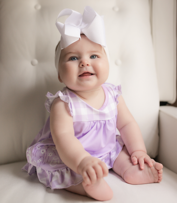 Lilac Gingham Bunny & Daisy Skirted Bubble Bodysuit