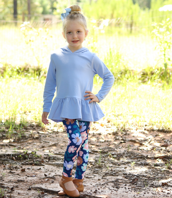 Periwinkle Ruffle-Hem Hoodie & Floral Leggings