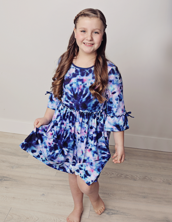 Midnight Tie-Dye Bow Bell-Sleeve A-Line Dress